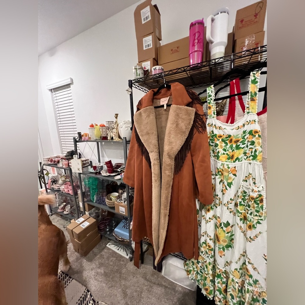 Anthropologie Brown and Cream Fringe Coat, MED - Picture 8 of 11